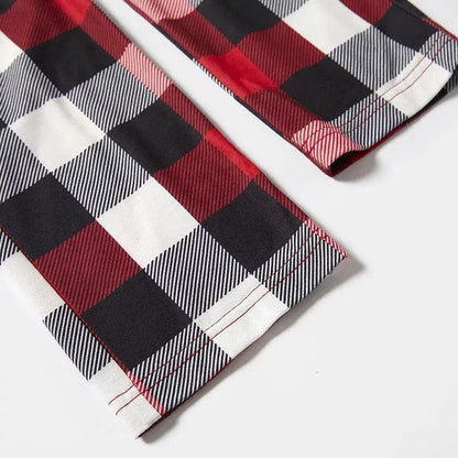 "2025 FNMILY Christmas " White and Red Text Printed Pattern - Black Top with Red&Black&White Plaid Sleeves - Family Matching Pajamas