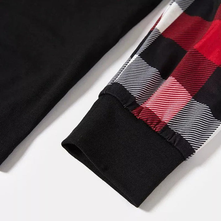 "2025 FNMILY Christmas " White and Red Text Printed Pattern - Black Top with Red&Black&White Plaid Sleeves - Family Matching Pajamas