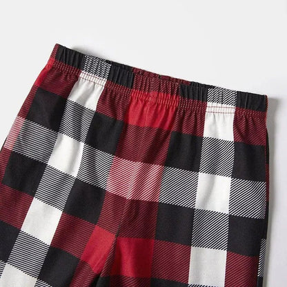 "2025 FNMILY Christmas " White and Red Text Printed Pattern - Black Top with Red&Black&White Plaid Sleeves - Family Matching Pajamas