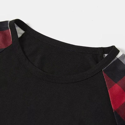 "2025 FNMILY Christmas " White and Red Text Printed Pattern - Black Top with Red&Black&White Plaid Sleeves - Family Matching Pajamas