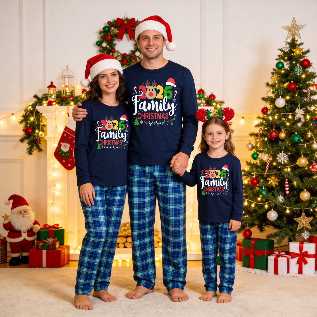 "Family Christmas 2026" Text and Deer Prints Blue Long Sleeve Top With Blue Plaid Family Matching Pajamas
