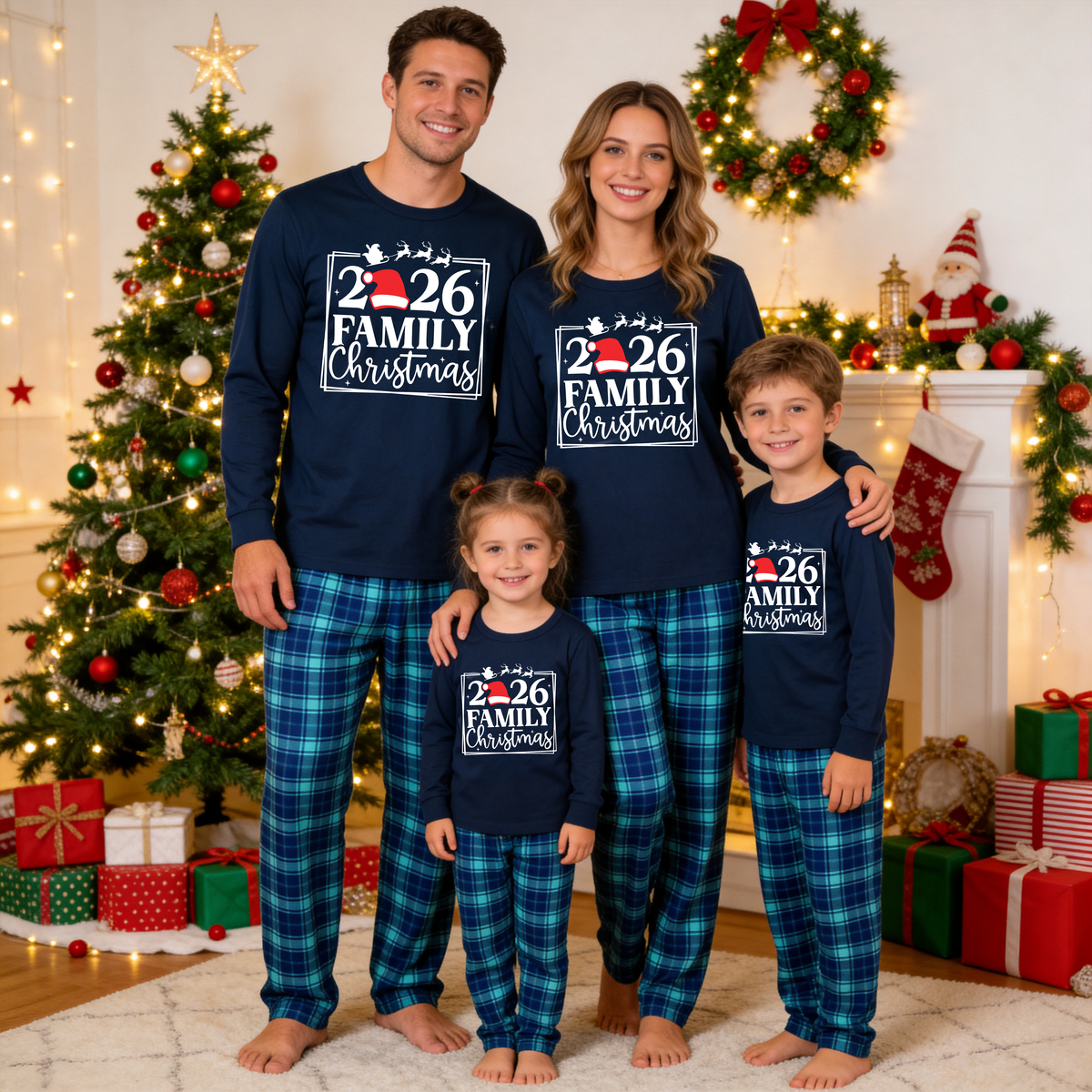 "2026 FAMILY CHRISTMAS" Text and Sleigh Pattern - Blue Long Sleeve Top With Blue Plaid Family Matching Pajamas