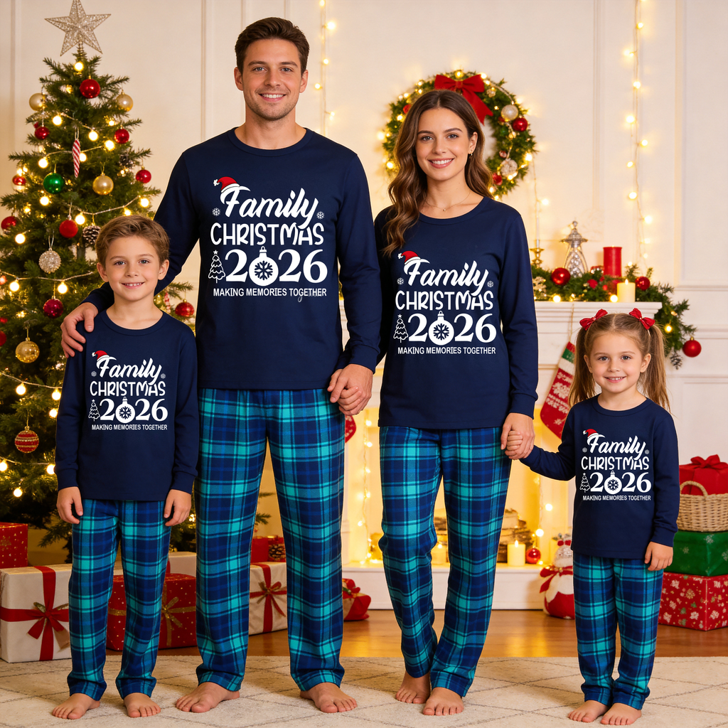 "Family Christmas 2026 " Text Print Blue Long Sleeve Top With Blue Plaid Family Matching Pajamas