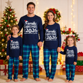 "Family Christmas 2026 " Text Print Blue Long Sleeve Top With Blue Plaid Family Matching Pajamas