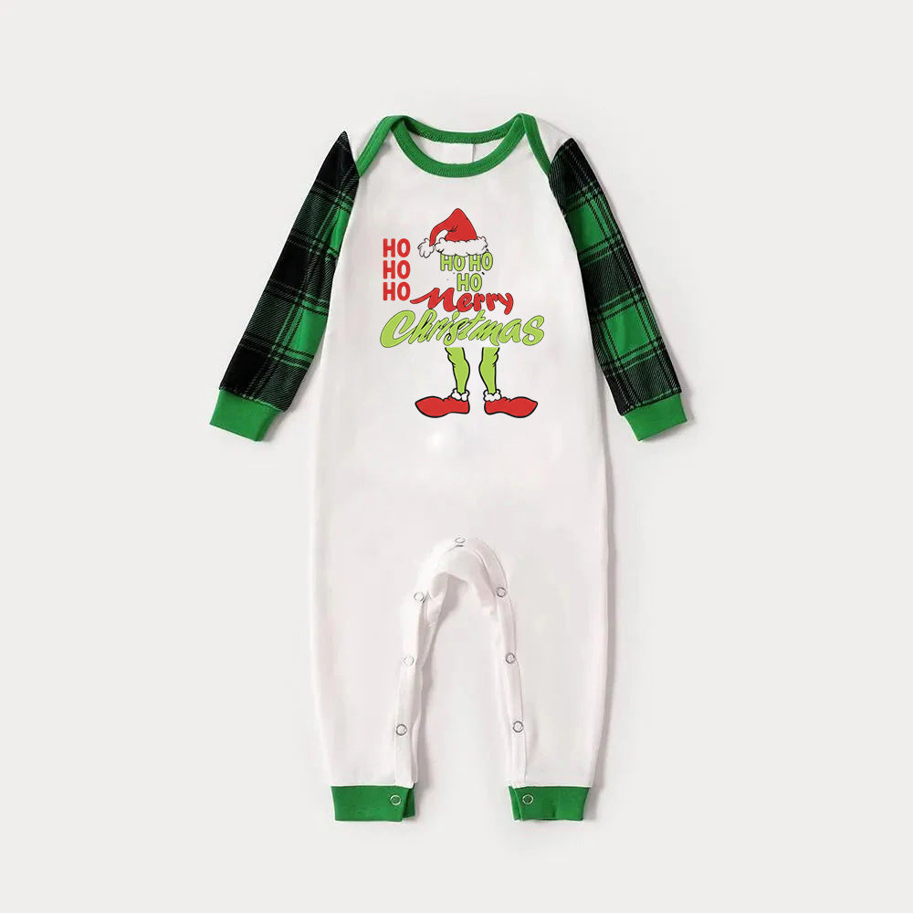 Green Raglan Top Green Plaid Christmas Pajamas Set With “HO HO HO ”Funny Cartoon Print