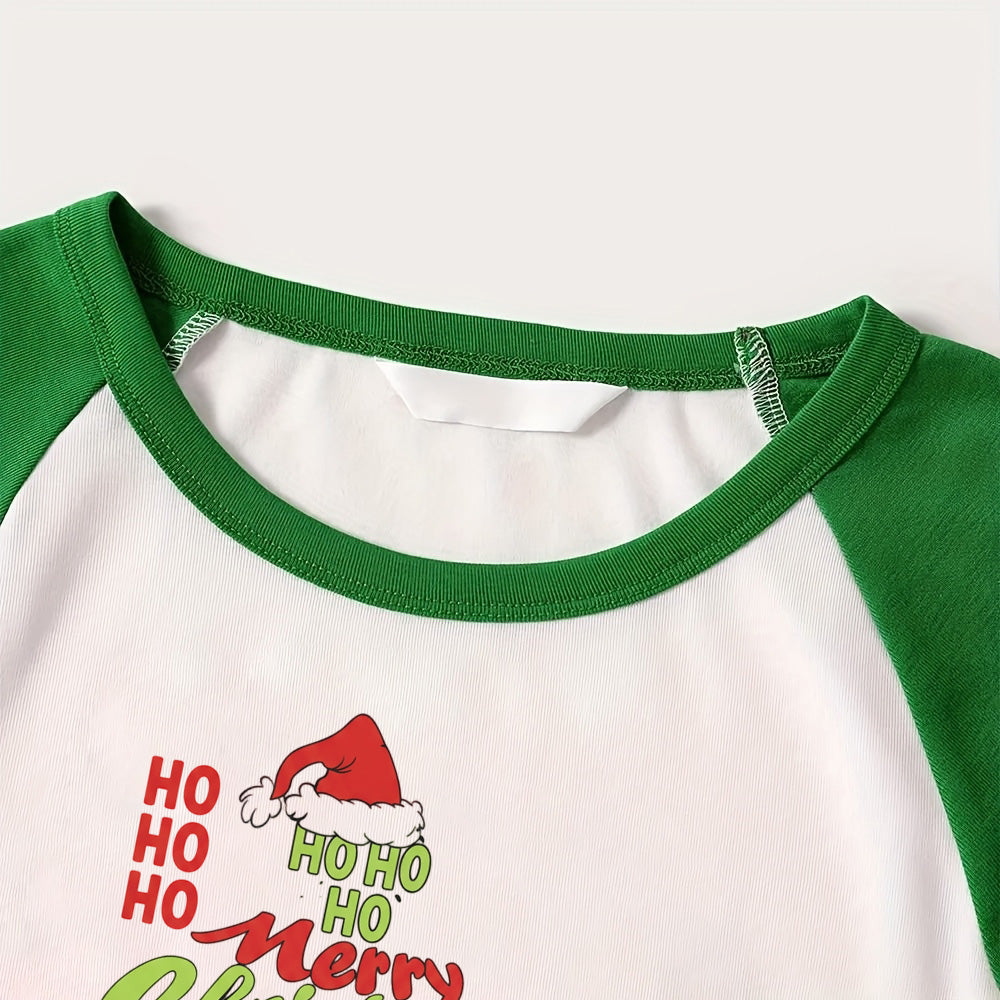 Green Raglan Top Green Plaid Christmas Pajamas Set With “HO HO HO ”Funny Cartoon Print