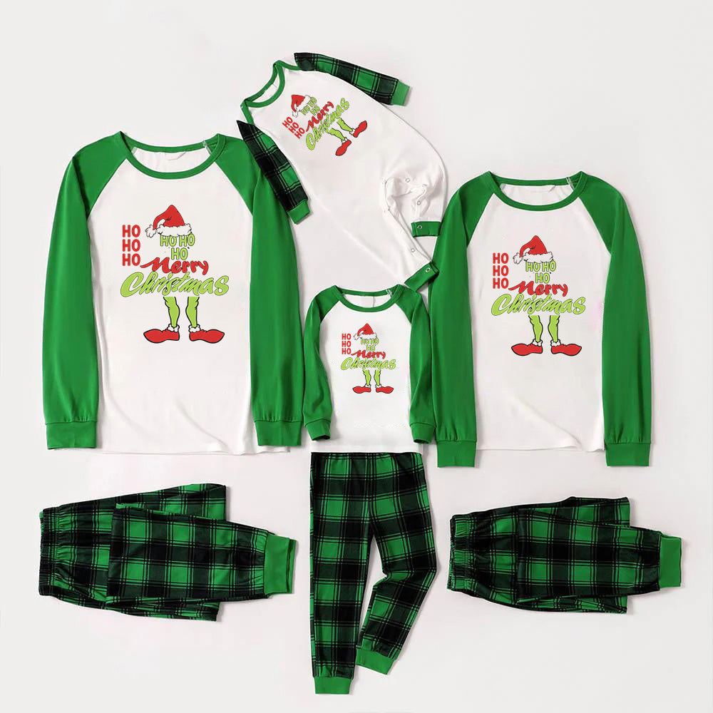 Green Raglan Top Green Plaid Christmas Pajamas Set With “HO HO HO ”Funny Cartoon Print