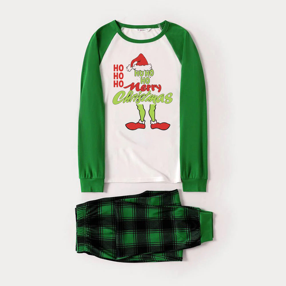 Green Raglan Top Green Plaid Christmas Pajamas Set With “HO HO HO ”Funny Cartoon Print