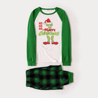 Green Raglan Top Green Plaid Christmas Pajamas Set With “HO HO HO ”Funny Cartoon Print