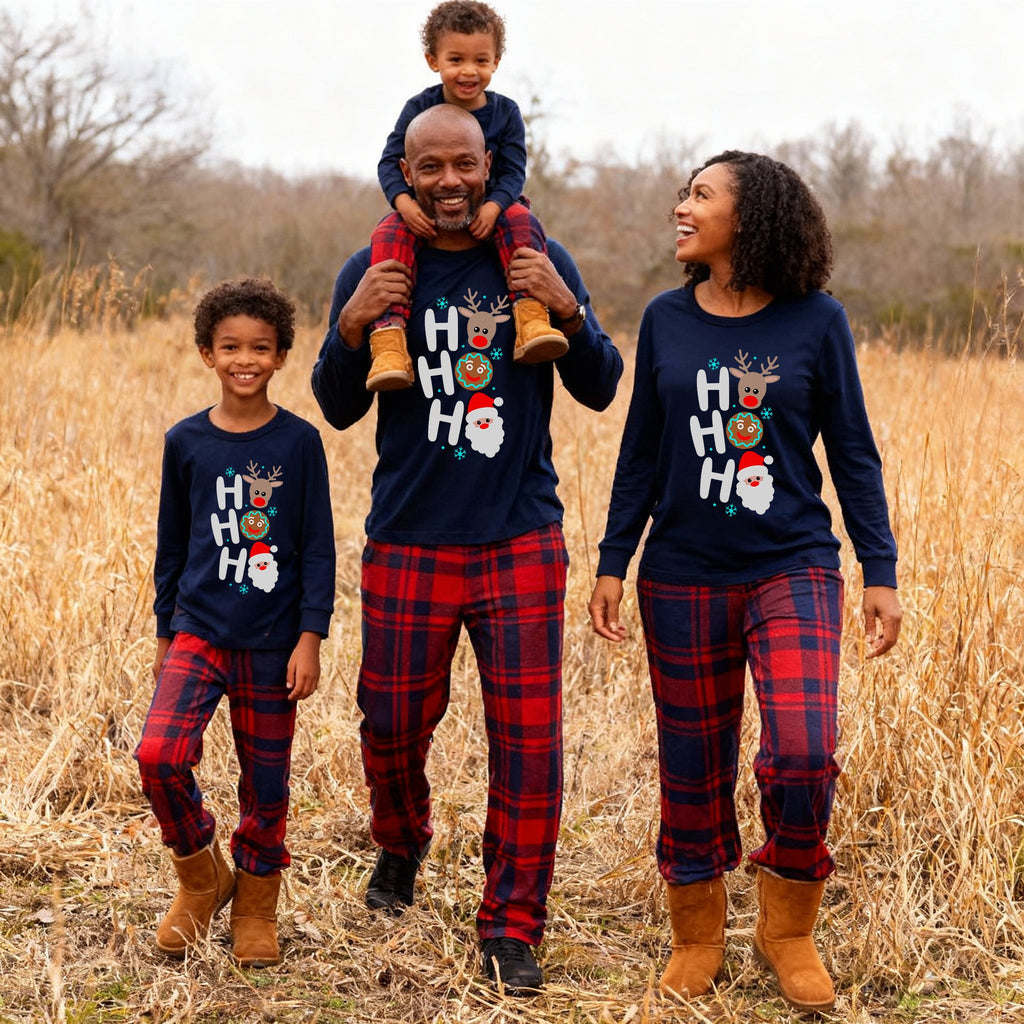"HO HO HO" Letter Print Red & Blue Plaid Christmas Family Matching Pajamas