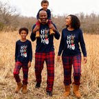 "HO HO HO" Letter Print Red & Blue Plaid Christmas Family Matching Pajamas