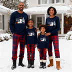 "Let it Snow" Slogan and Snowman Printed Red and Blue Plaid Christmas Matching Pajamas