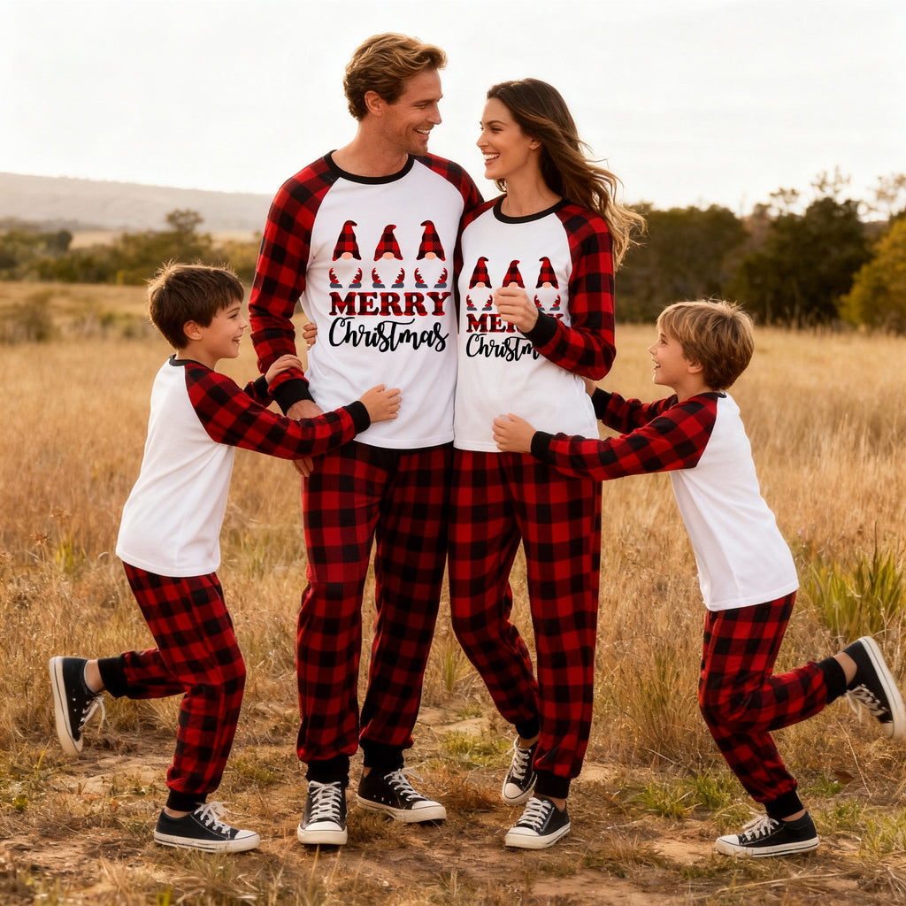 MERRY Christmas Letters And Santa Hat Printed White Long Sleeve Top with Red & Black Plaid Pants Family Pajamas