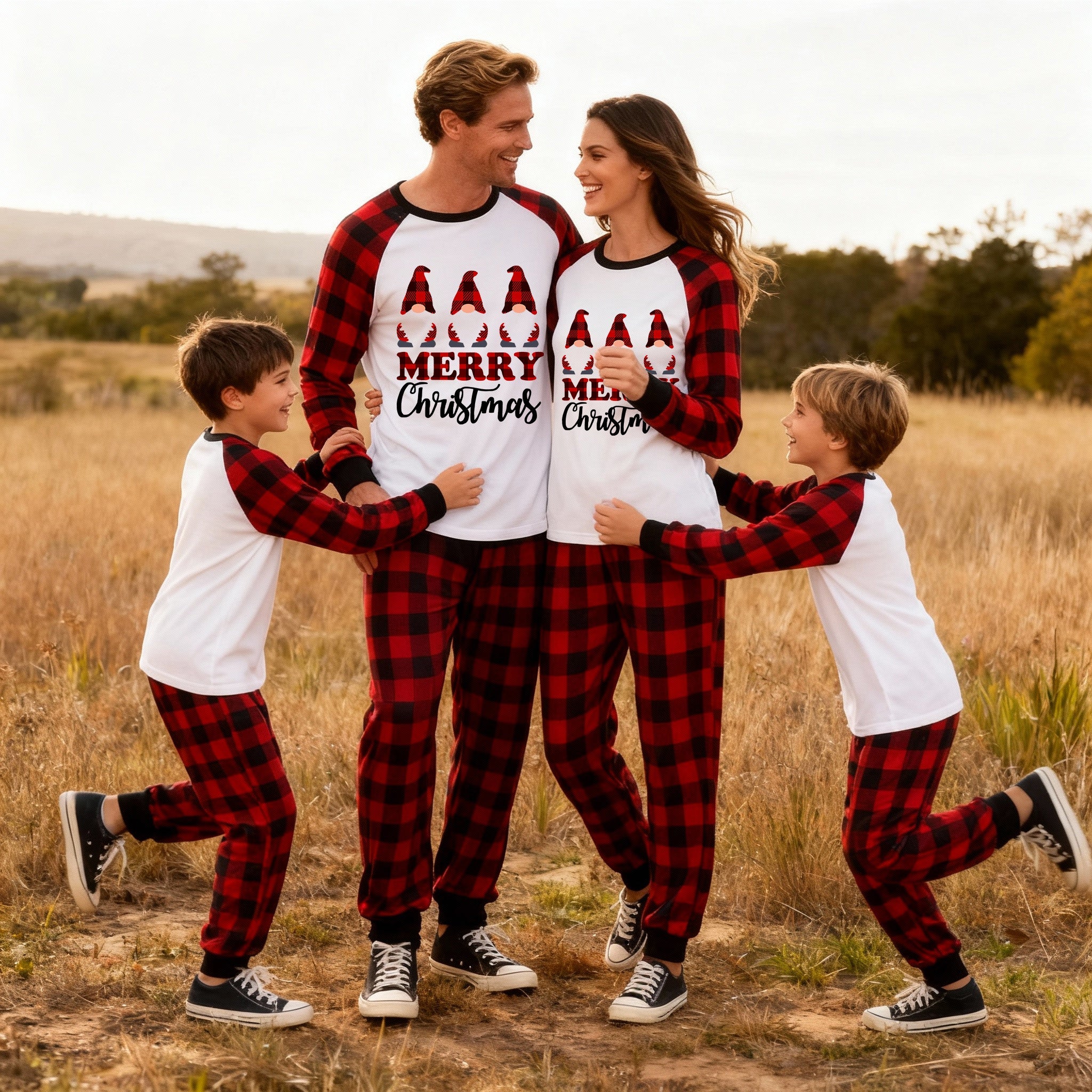 MERRY Christmas Letters And Santa Hat Printed White Long Sleeve Top with Red & Black Plaid Pants Family Pajamas