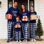 "Christmas With My Tribe"  Pattern Blue Long Sleeves with Blue&White&Black Plaid Pants Family Matching Pajamas