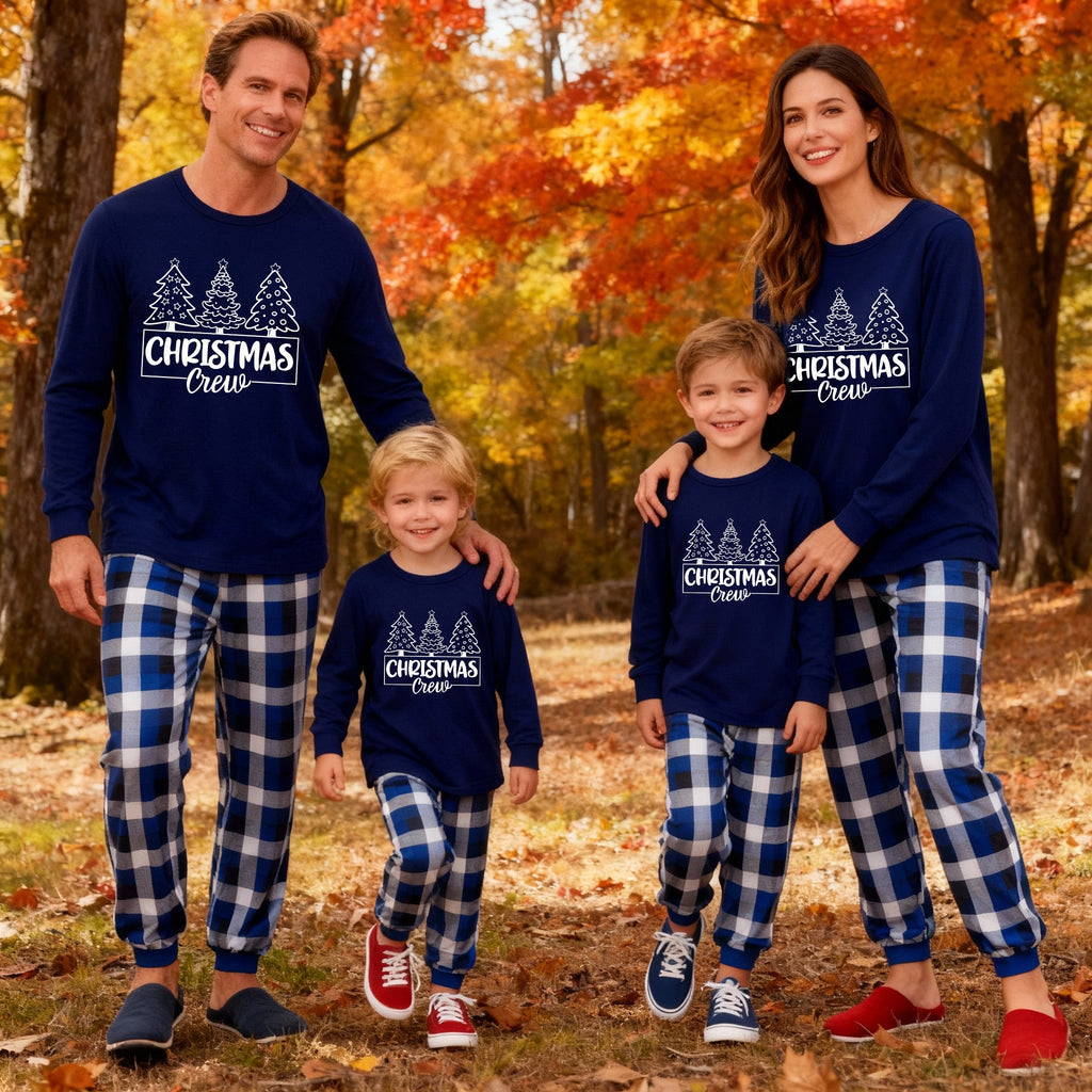"Christmas Crew" and Trees Blue Long Sleeves with Blue&White&Black Plaid Pants Family Matching Pajamas