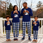 "Let it Snow" Text and Snowman Printed  Blue and White Plaid Family Matching Pajamas