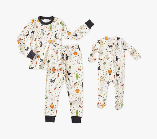 Toddler & Baby Halloween Long Sleeve Pajamas -White with Pumpkin, Witch & Ghost Print