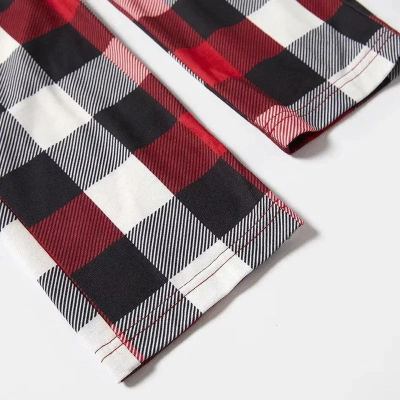 Let it snow letter and snowman Pattern Contrast Top with Red&Black&White Plaid Sleeves Family Matching Pajamas