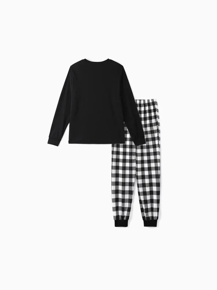 Christmas Hat and ‘Believe“ Letter Print Patterned Black & White Plaid Pajamas Set