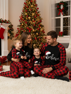Christmas Hat and 'Believe“ Letter Print Patterned Contrast Black top and Black & Red Plaid Pants Family Matching Pajamas Set