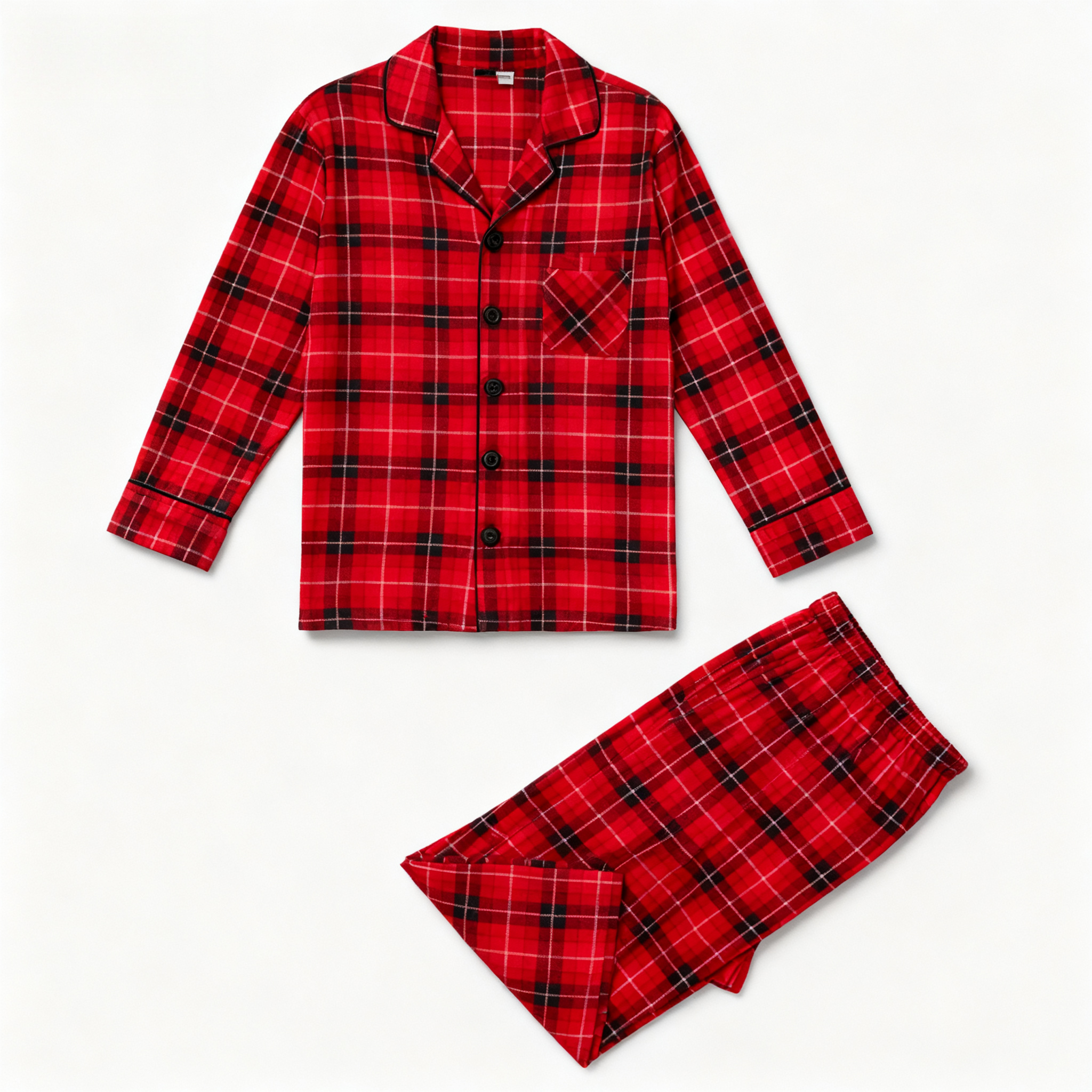 Christmas Couple Matching Red Plaid Button Up Long-sleeve Pajamas Sets With Dog