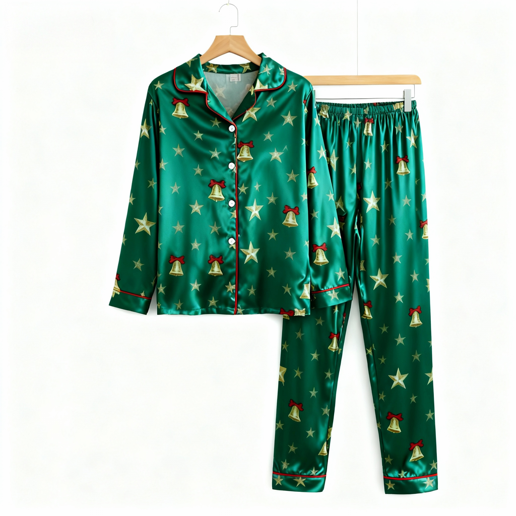 Holiday Couple Button-down Green Satin Christmas Pajamas Set