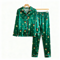 Holiday Couple Button-down Green Satin Christmas Pajamas Set
