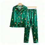 Holiday Couple Button-down Green Satin Christmas Pajamas Set