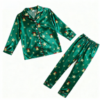 Holiday Couple Button-down Green Satin Christmas Pajamas Set
