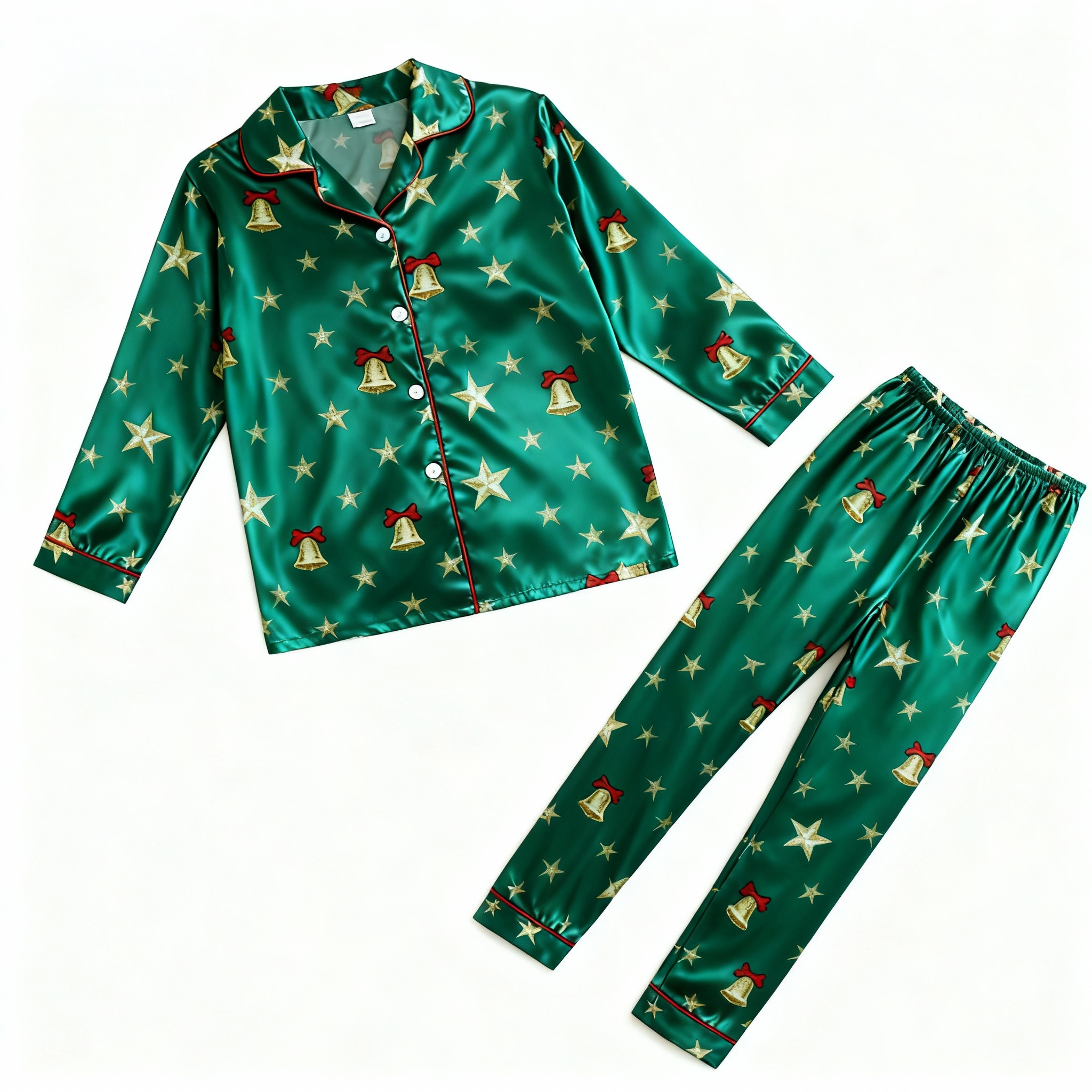 Holiday Couple Button-down Green Satin Christmas Pajamas Set