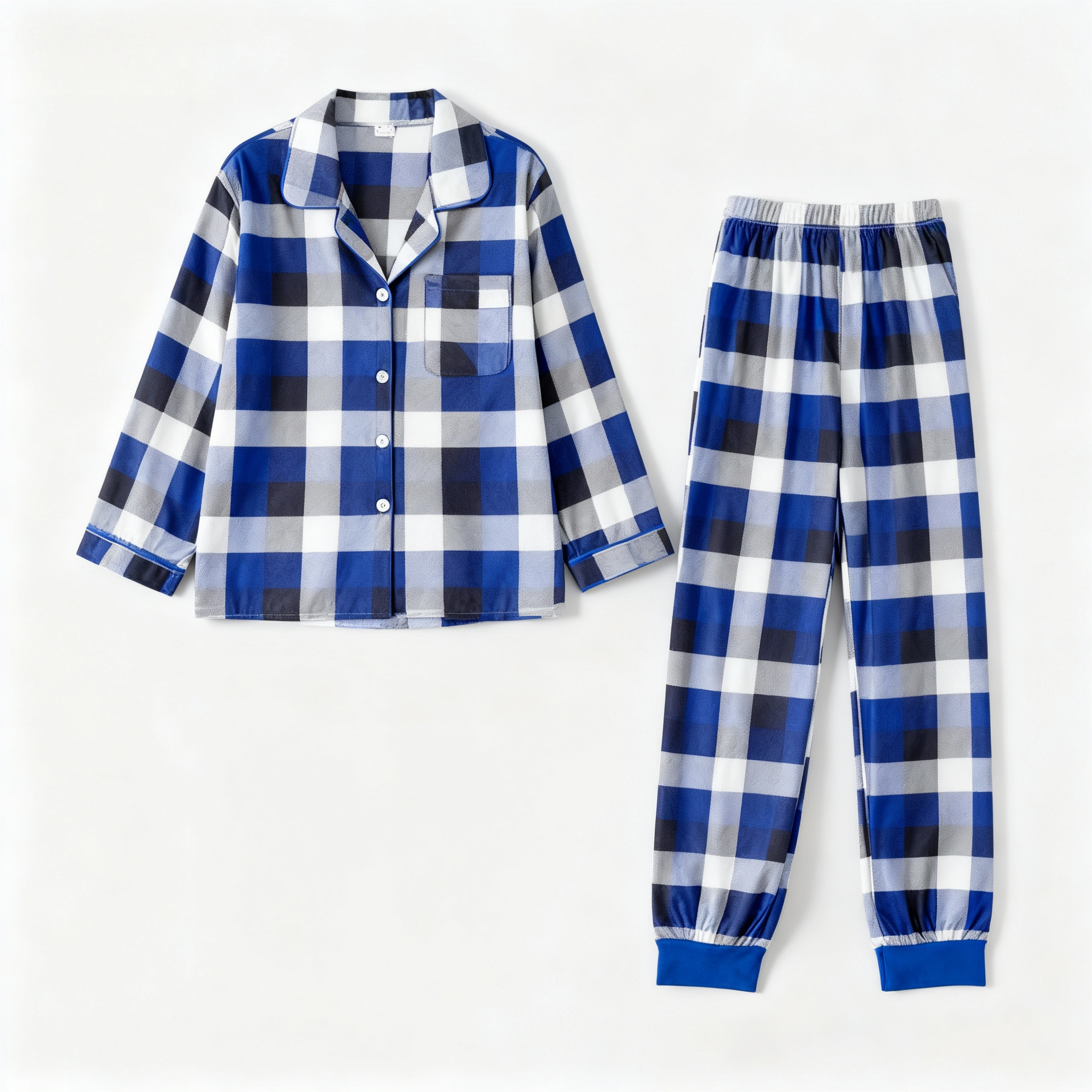Holiday Family Button-down Christmas Blue and White Plaid Pajamas Set