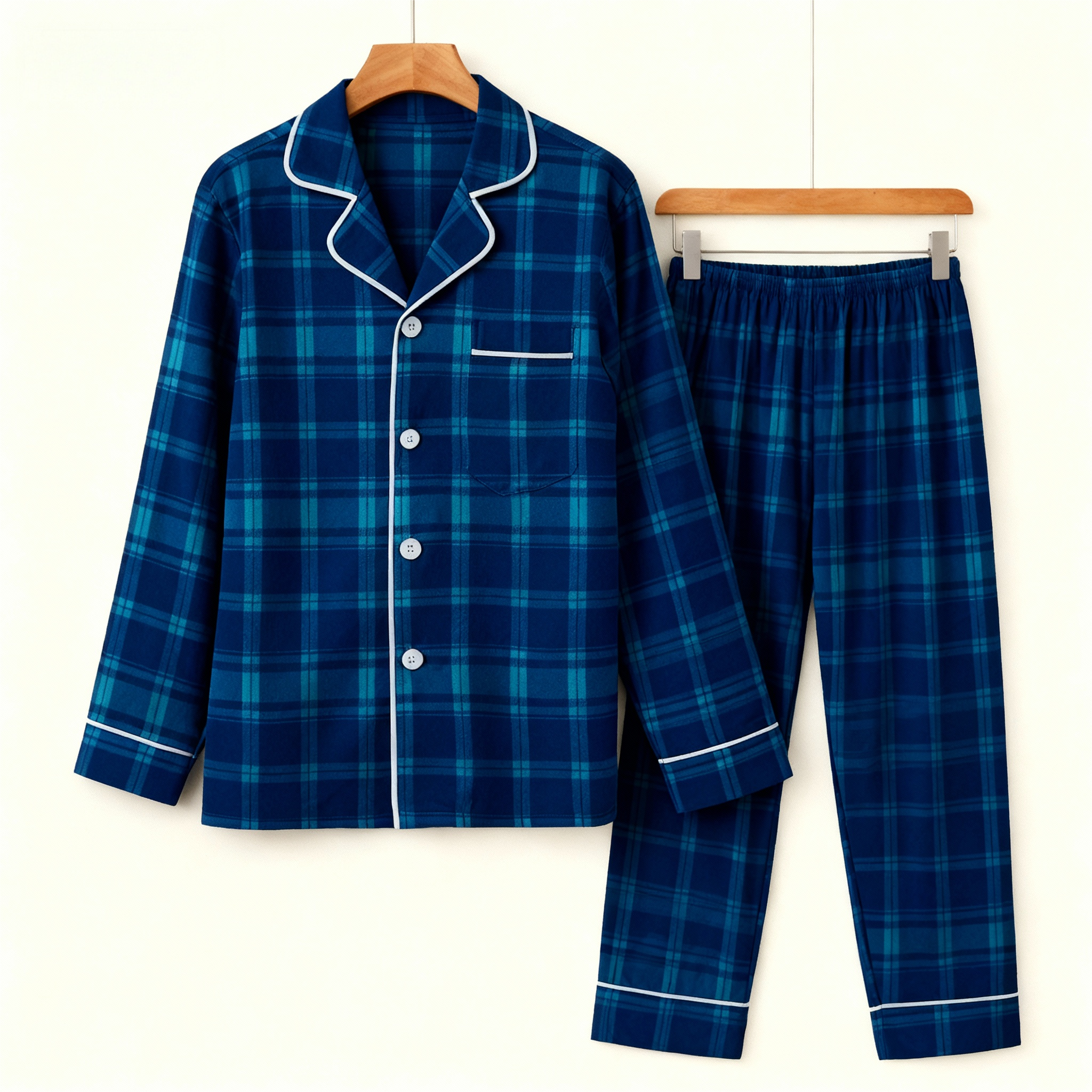 Couple Christmas Blue Plaid Button-Front Pajamas Sets