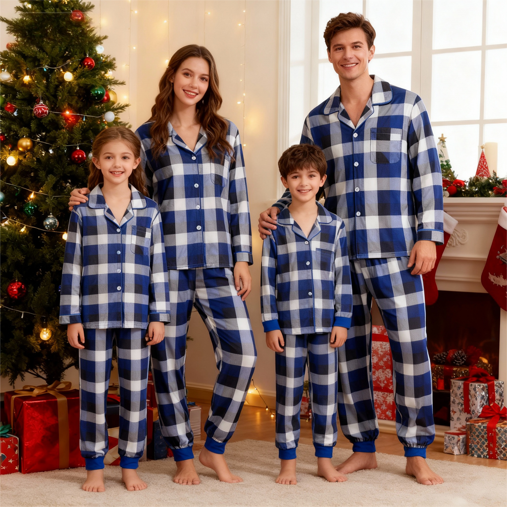 Family Christmas Blue and White Plaid Button-Front Pajamas Sets