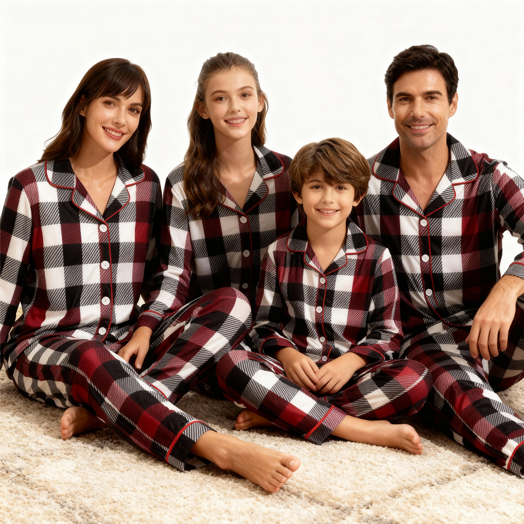 Family Christmas Red and White Plaid Button-Front Pajamas Sets