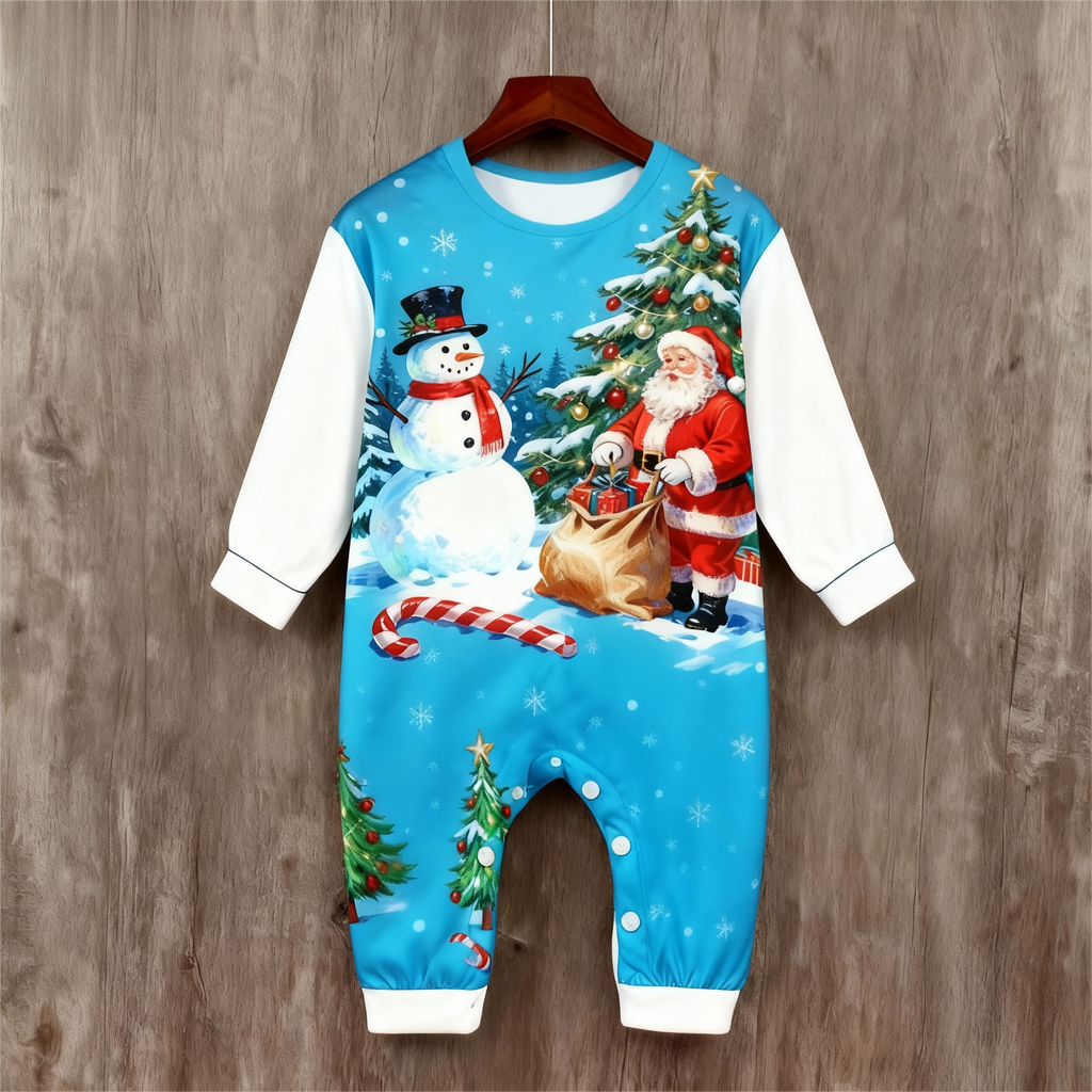 Holiday Family Button-Up Santa and Snowman Printed Satin Christmas Pajamas Set