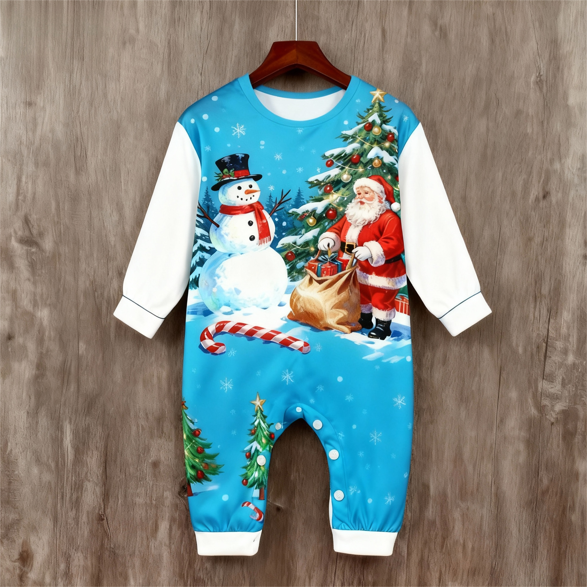 Holiday Family Button-Up Santa and Snowman Printed Satin Christmas Pajamas Set