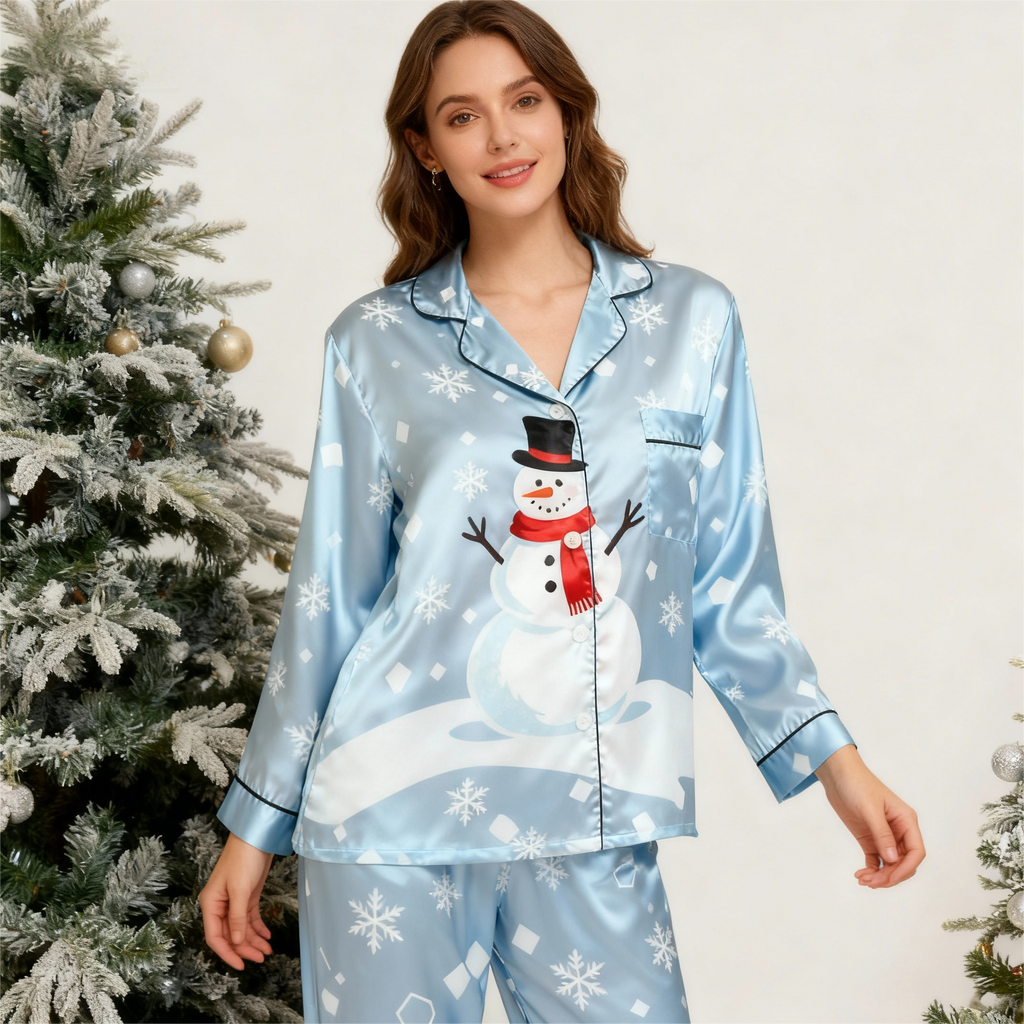 Holiday Family Button-Up Sky Blue Satin Christmas Pajamas Set