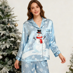 Holiday Family Button-Up Sky Blue Satin Christmas Pajamas Set