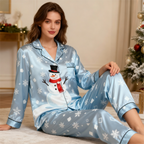Holiday Family Button-Up Sky Blue Satin Christmas Pajamas Set