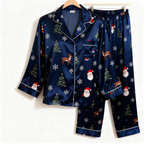 Holiday Couple Button-Up Navy Blue Satin Christmas Pajamas Set