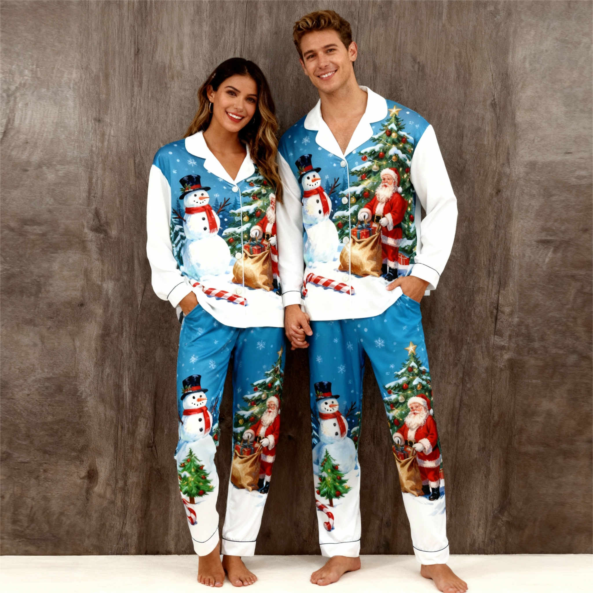 Holiday Couple Button-Up Santa and Snowman Printed Satin Christmas Pajamas Set