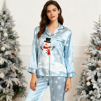 Holiday Family Button-Up Sky Blue Satin Christmas Pajamas Set