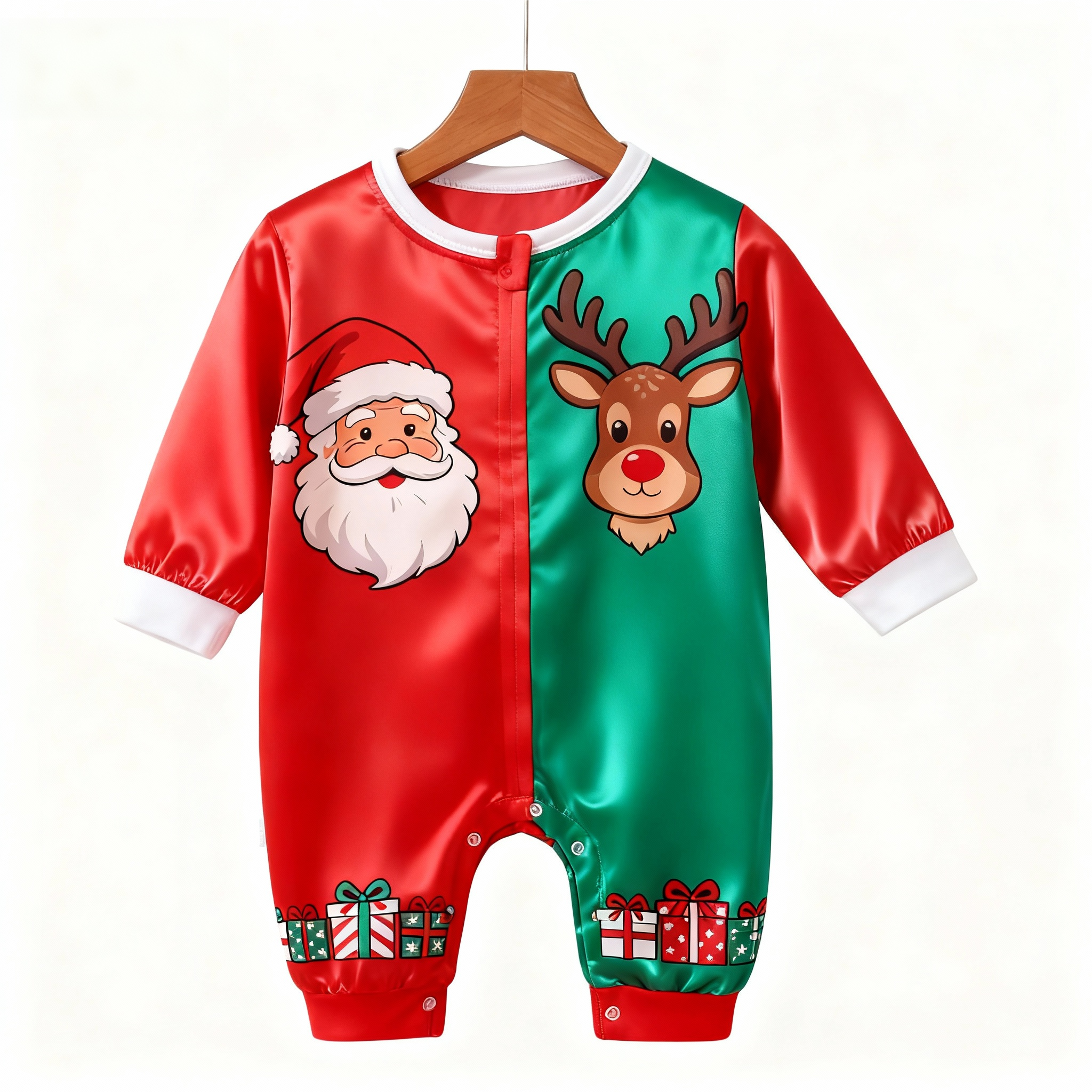 Holiday Family Santa Claus Button-Up Satin Christmas Pajamas Set