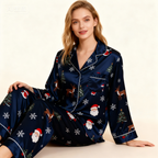 Holiday Couple Button-Up Navy Blue Satin Christmas Pajamas Set