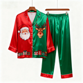 Holiday Couple Santa Claus Button-Up Satin Christmas Pajamas Set