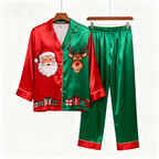 Holiday Couple Santa Claus Button-Up Satin Christmas Pajamas Set