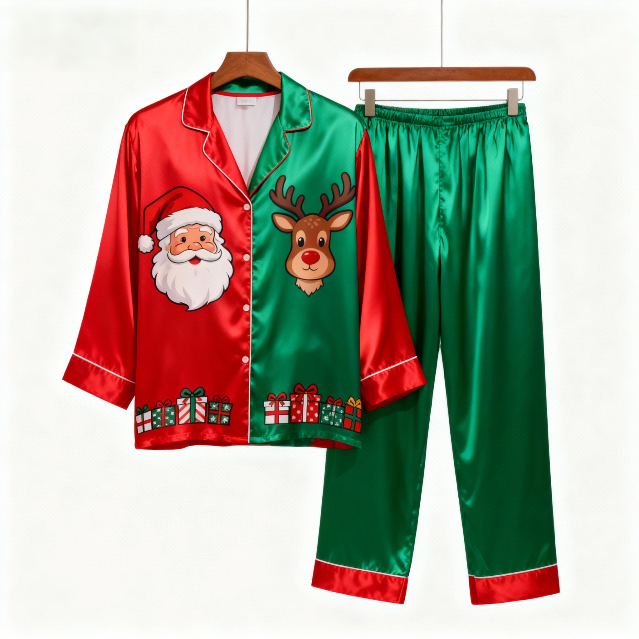 Holiday Couple Santa Claus Button-Up Satin Christmas Pajamas Set