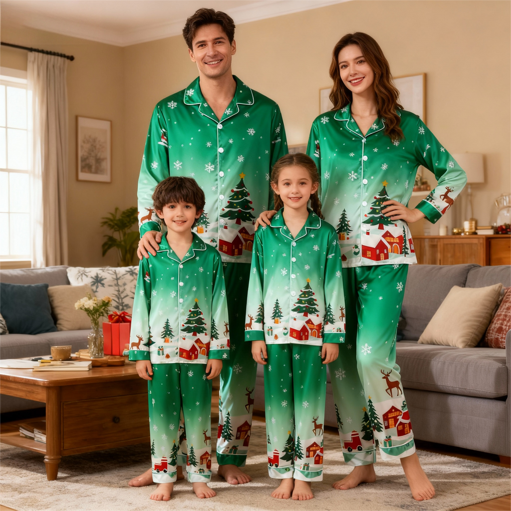 Holiday Family Button-Up Christmas Pattern Printed Green Satin Christmas Pajamas Set