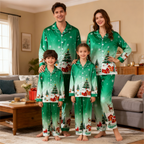 Holiday Family Button-Up Christmas Pattern Printed Green Satin Christmas Pajamas Set